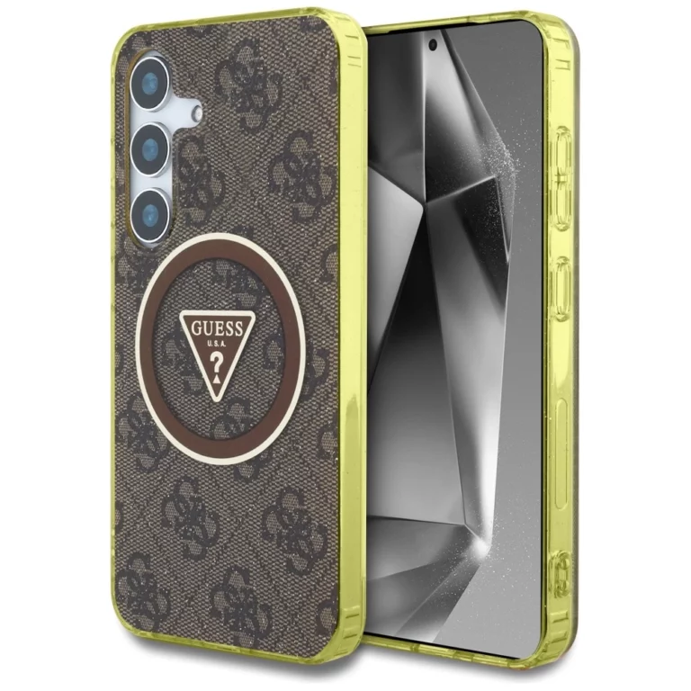 Etui Guess 4G Glitter Triangle Buttons MagSafe do Samsung Galaxy S25 brązowy
