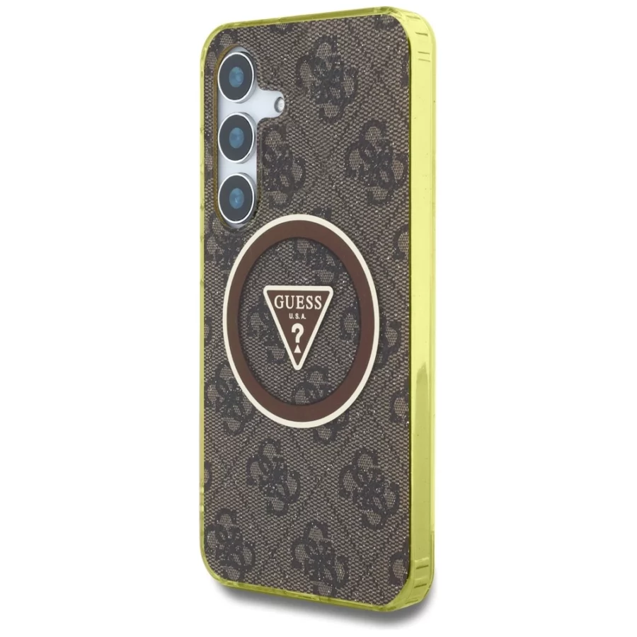 Etui Guess 4G Glitter Triangle Buttons MagSafe do Samsung Galaxy S25 brązowy