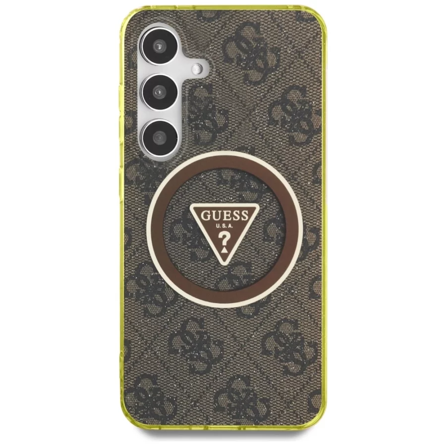 Etui Guess 4G Glitter Triangle Buttons MagSafe do Samsung Galaxy S25 brązowy