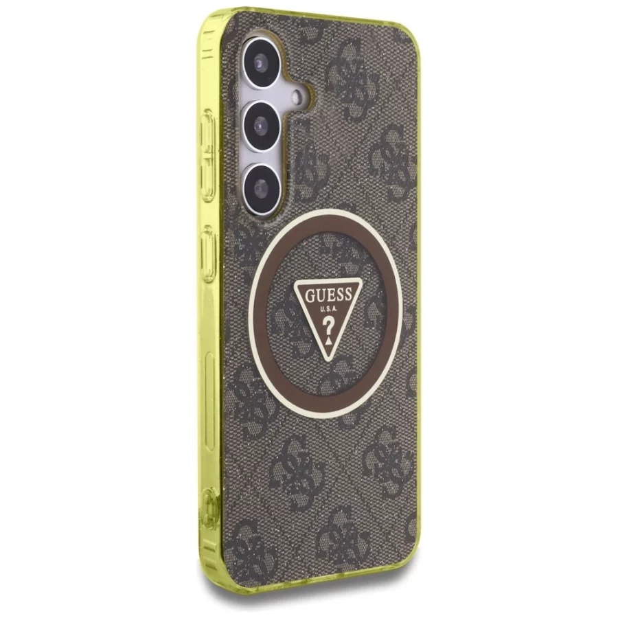 Etui Guess 4G Glitter Triangle Buttons MagSafe do Samsung Galaxy S25 brązowy