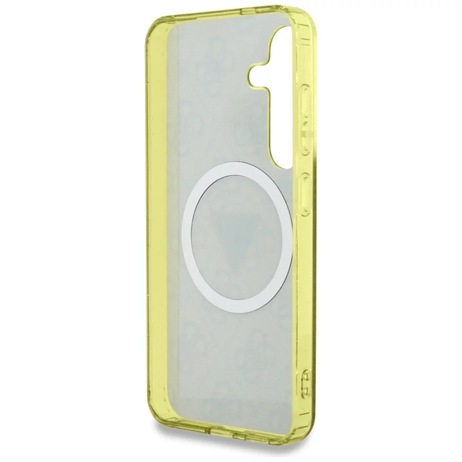 Etui Guess 4G Glitter Triangle Buttons MagSafe do Samsung Galaxy S25 brązowy