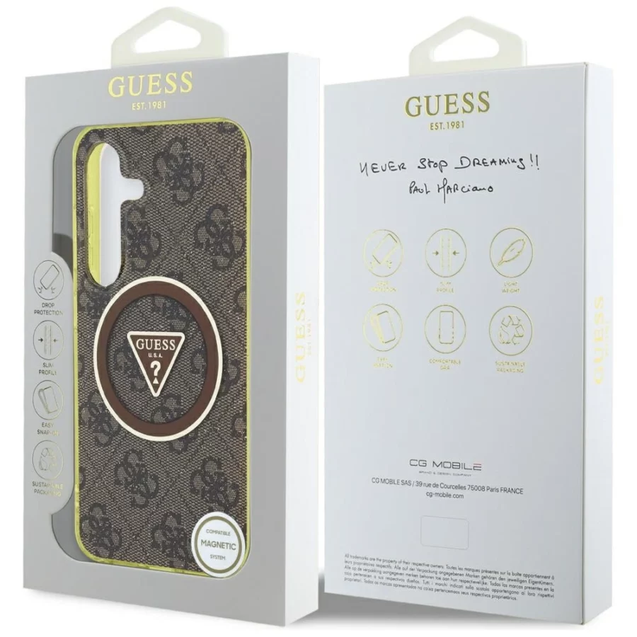 Etui Guess 4G Glitter Triangle Buttons MagSafe do Samsung Galaxy S25 brązowy