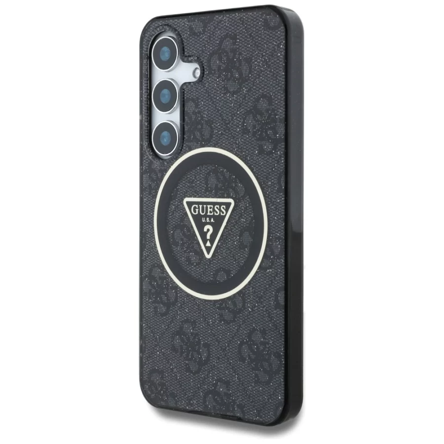 Etui Guess 4G Glitter Triangle Buttons MagSafe do Samsung Galaxy S25 czarny