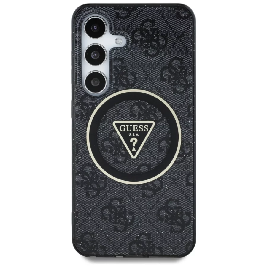 Etui Guess 4G Glitter Triangle Buttons MagSafe do Samsung Galaxy S25 czarny