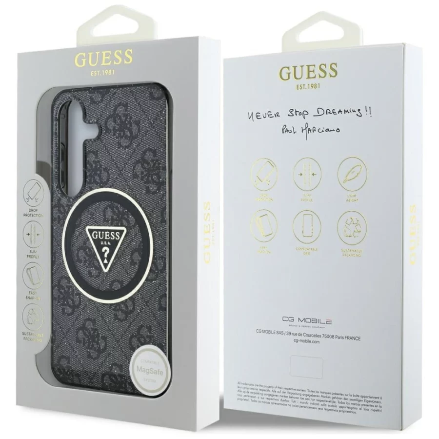 Etui Guess 4G Glitter Triangle Buttons MagSafe do Samsung Galaxy S25 czarny