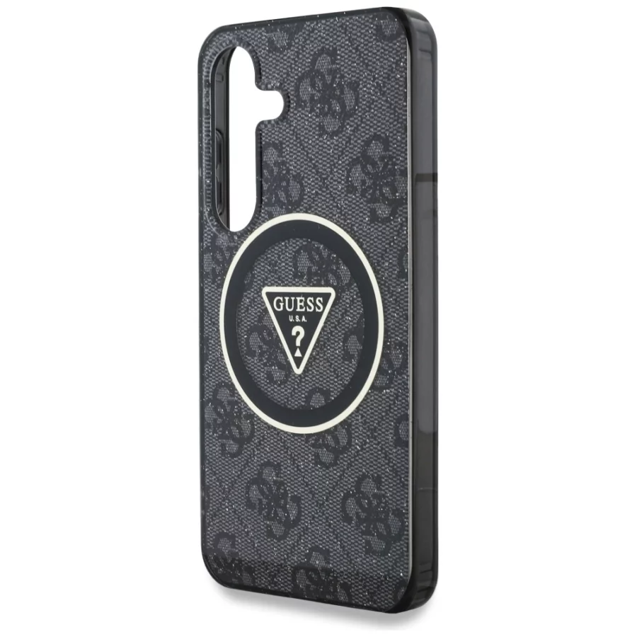 Etui Guess 4G Glitter Triangle Buttons MagSafe do Samsung Galaxy S25 Plus czarny