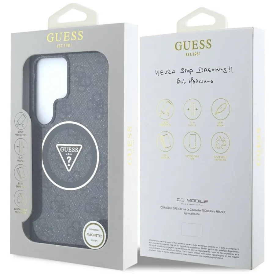 Etui Guess 4G Glitter Triangle Buttons MagSafe na Samsung Galaxy S25 Ultra czarny