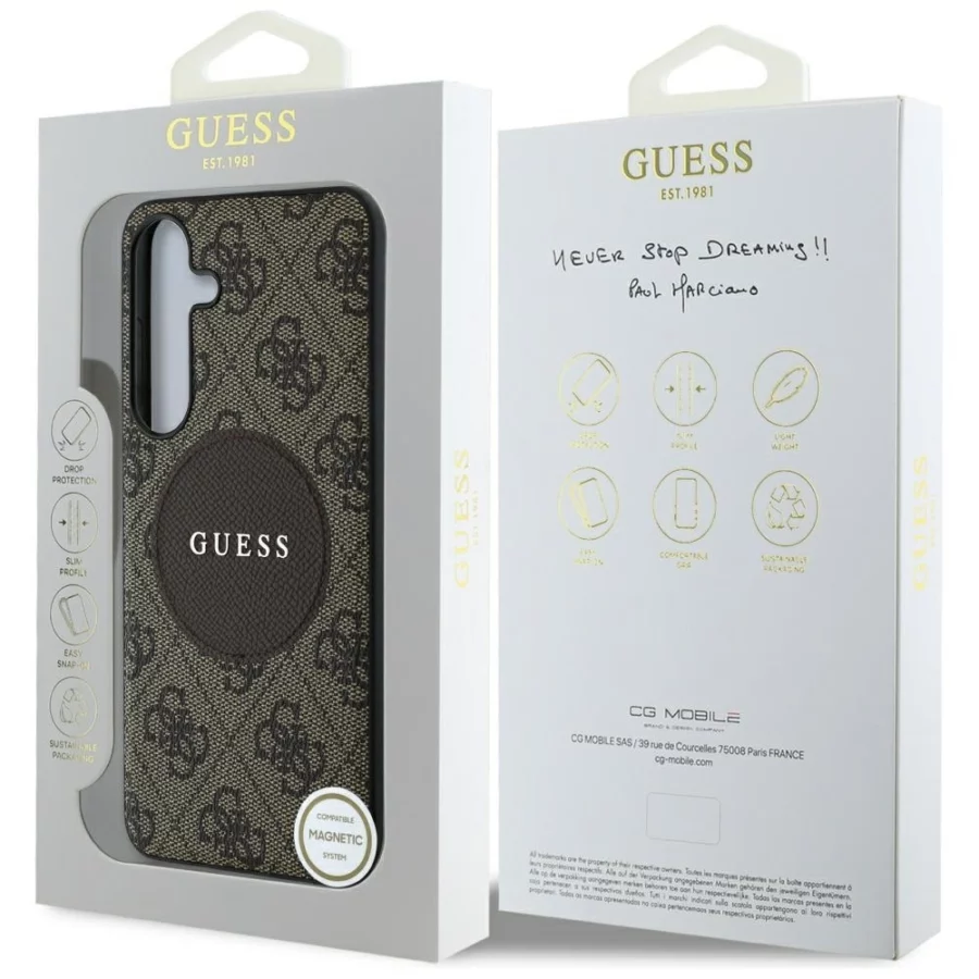 Etui Guess 4G Round Patch Classic Logo MagSafe na Samsung Galaxy S25 Plus - brązowe
