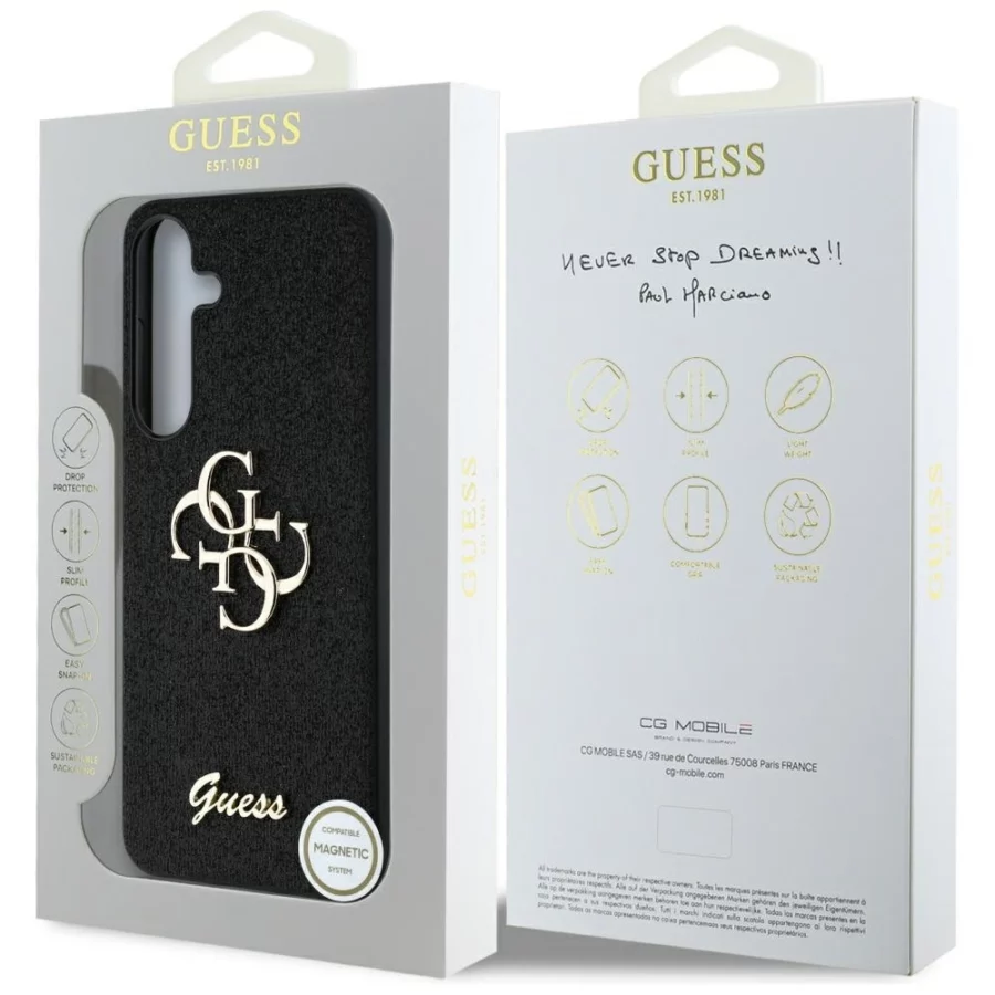 Etui Guess Fixed Glitter Big 4G Metal Logo do Samsung Galaxy S25 Plus czarny