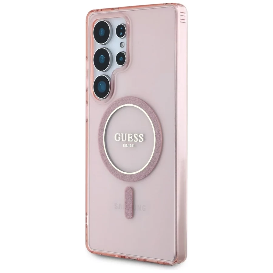 Etui Guess Glitter Circle Classic Logo MagSafe na Samsung Galaxy S25 Ultra - różowe