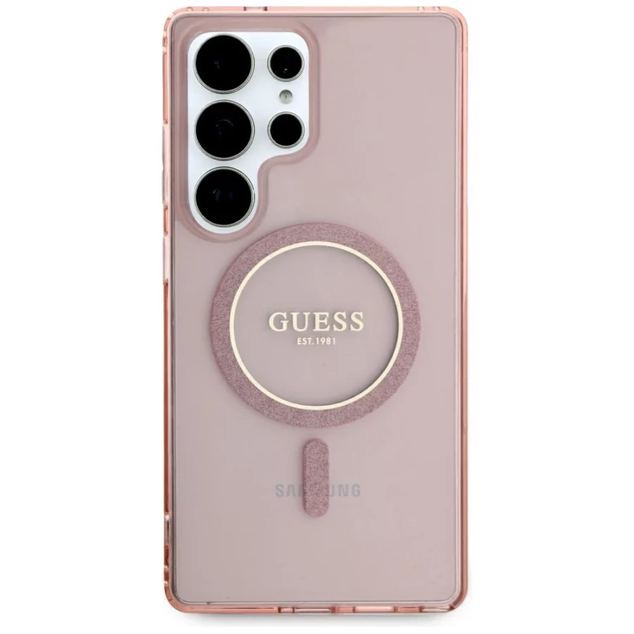 Etui Guess Glitter Circle Classic Logo MagSafe na Samsung Galaxy S25 Ultra - różowe