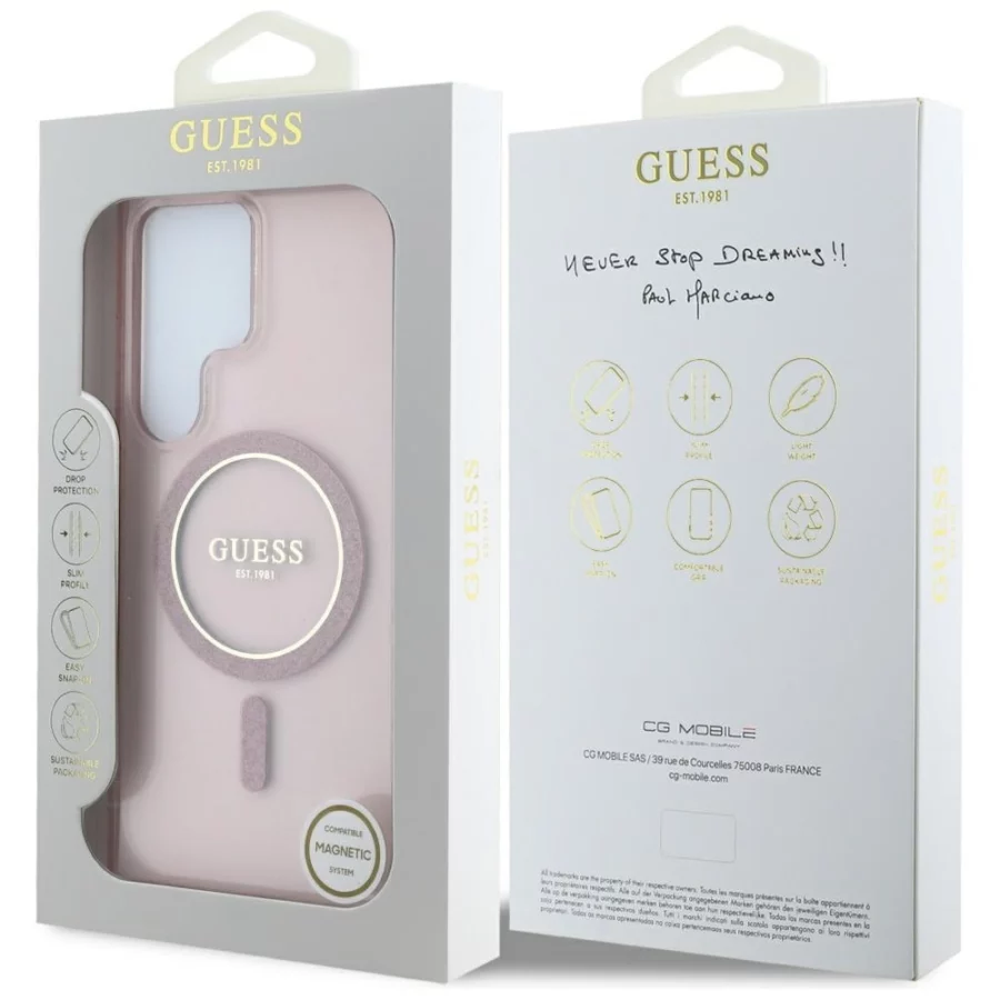 Etui Guess Glitter Circle Classic Logo MagSafe na Samsung Galaxy S25 Ultra - różowe