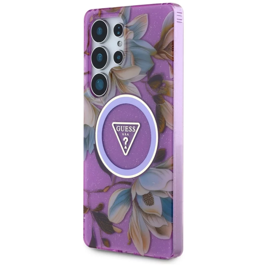 Etui Guess Glitter Flowers Triangle Buttons MagSafe na Samsung Galaxy S25 Ultra - fioletowe
