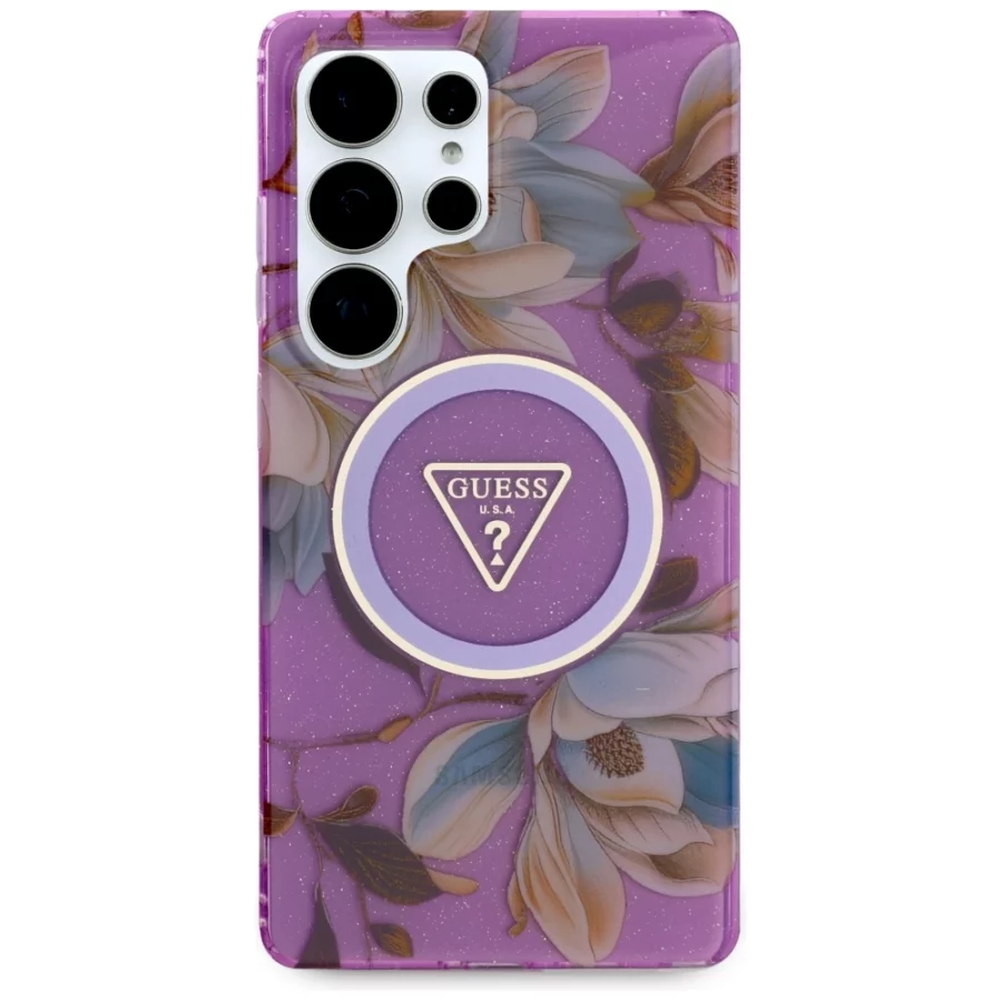 Etui Guess Glitter Flowers Triangle Buttons MagSafe na Samsung Galaxy S25 Ultra - fioletowe