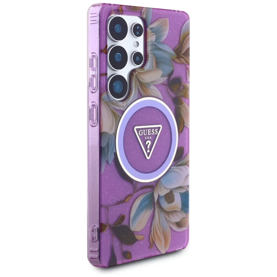 Etui Guess Glitter Flowers Triangle Buttons MagSafe na Samsung Galaxy S25 Ultra - fioletowe