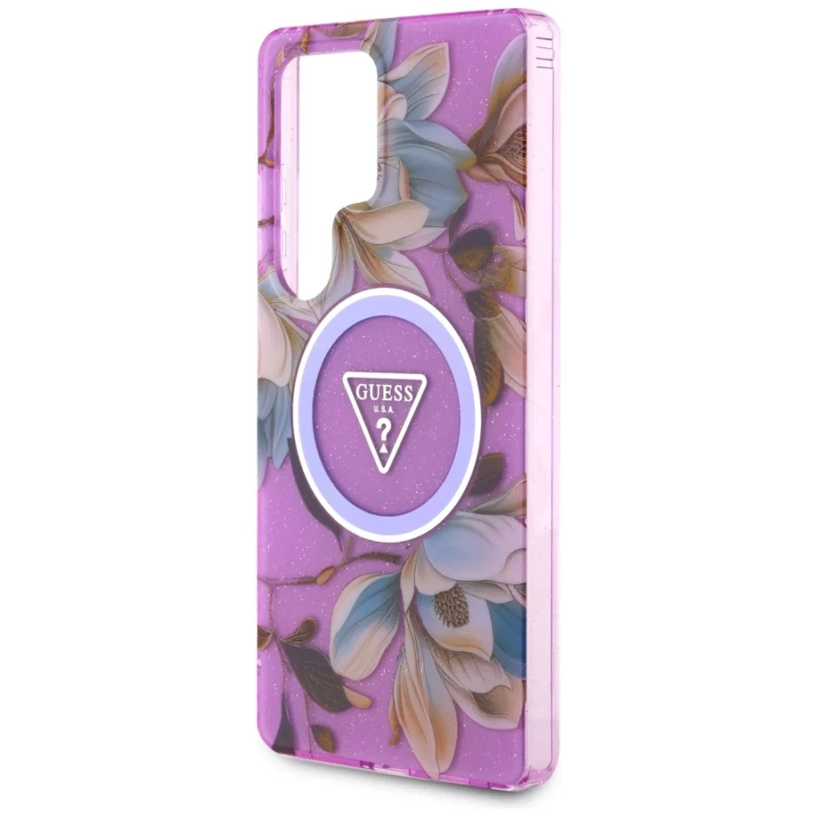 Etui Guess Glitter Flowers Triangle Buttons MagSafe na Samsung Galaxy S25 Ultra - fioletowe