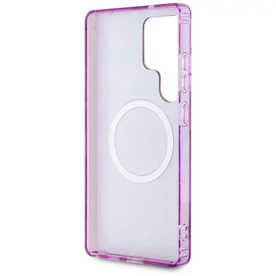 Etui Guess Glitter Flowers Triangle Buttons MagSafe na Samsung Galaxy S25 Ultra - fioletowe