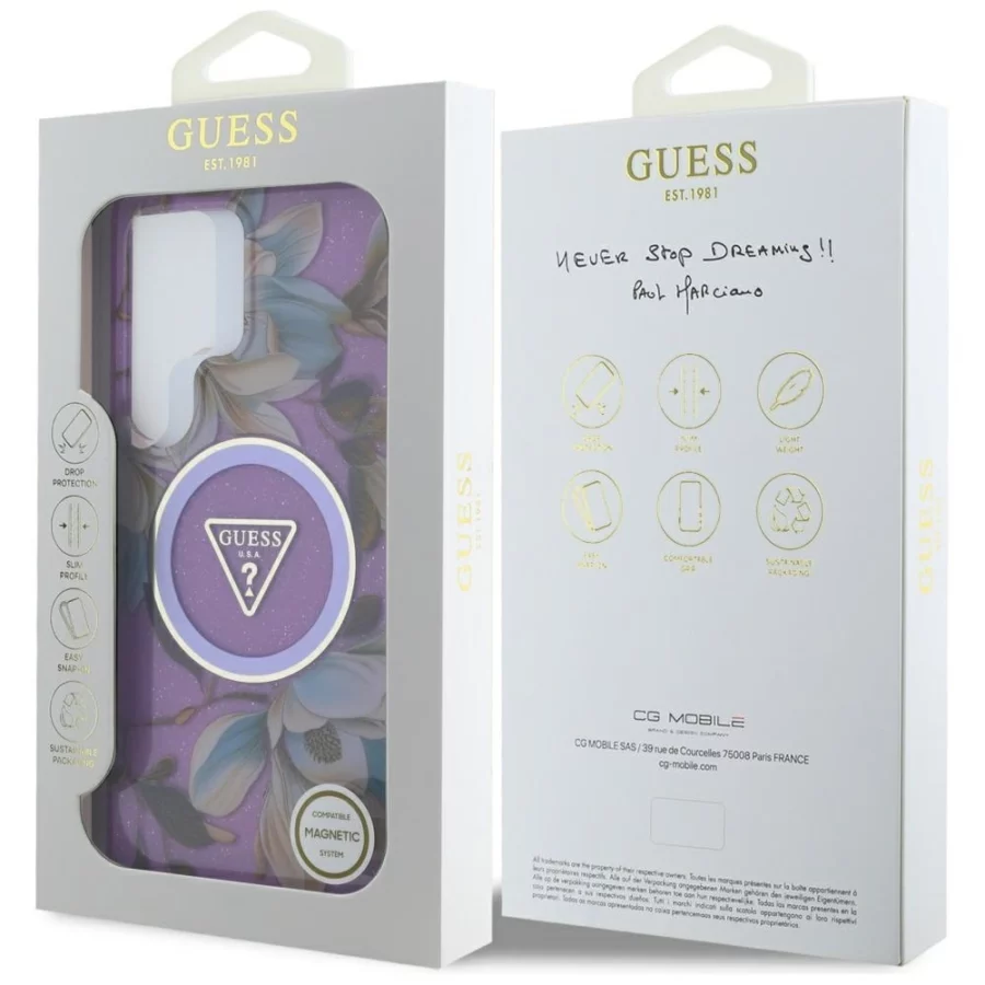 Etui Guess Glitter Flowers Triangle Buttons MagSafe na Samsung Galaxy S25 Ultra - fioletowe
