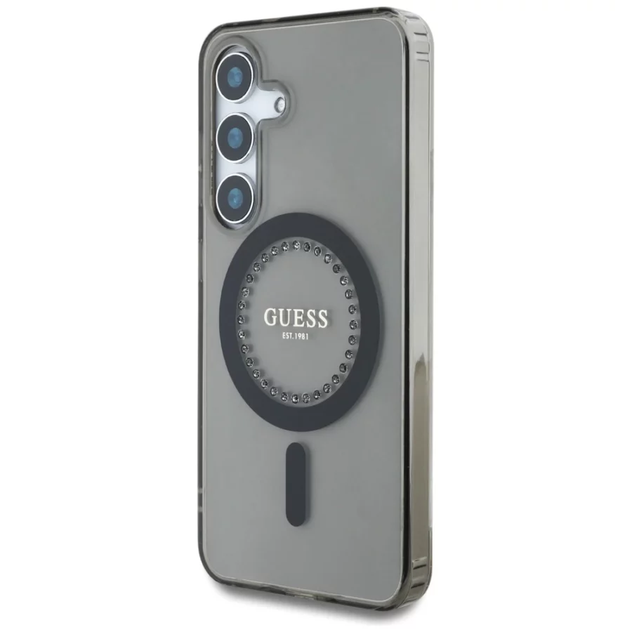 Etui Guess Rhinestones Printed Classic Logo MagSafe Samsung Galaxy S25 czarny