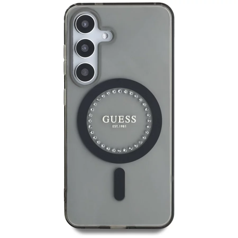 Etui Guess Rhinestones Printed Classic Logo MagSafe Samsung Galaxy S25 czarny