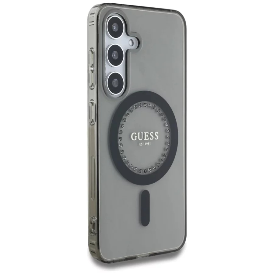 Etui Guess Rhinestones Printed Classic Logo MagSafe Samsung Galaxy S25 czarny
