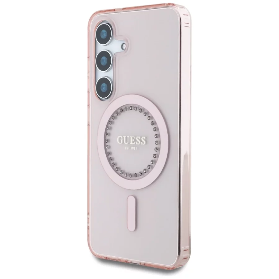 Etui Guess Rhinestones Printed Classic Logo MagSafe na Samsung Galaxy S25 - różowe