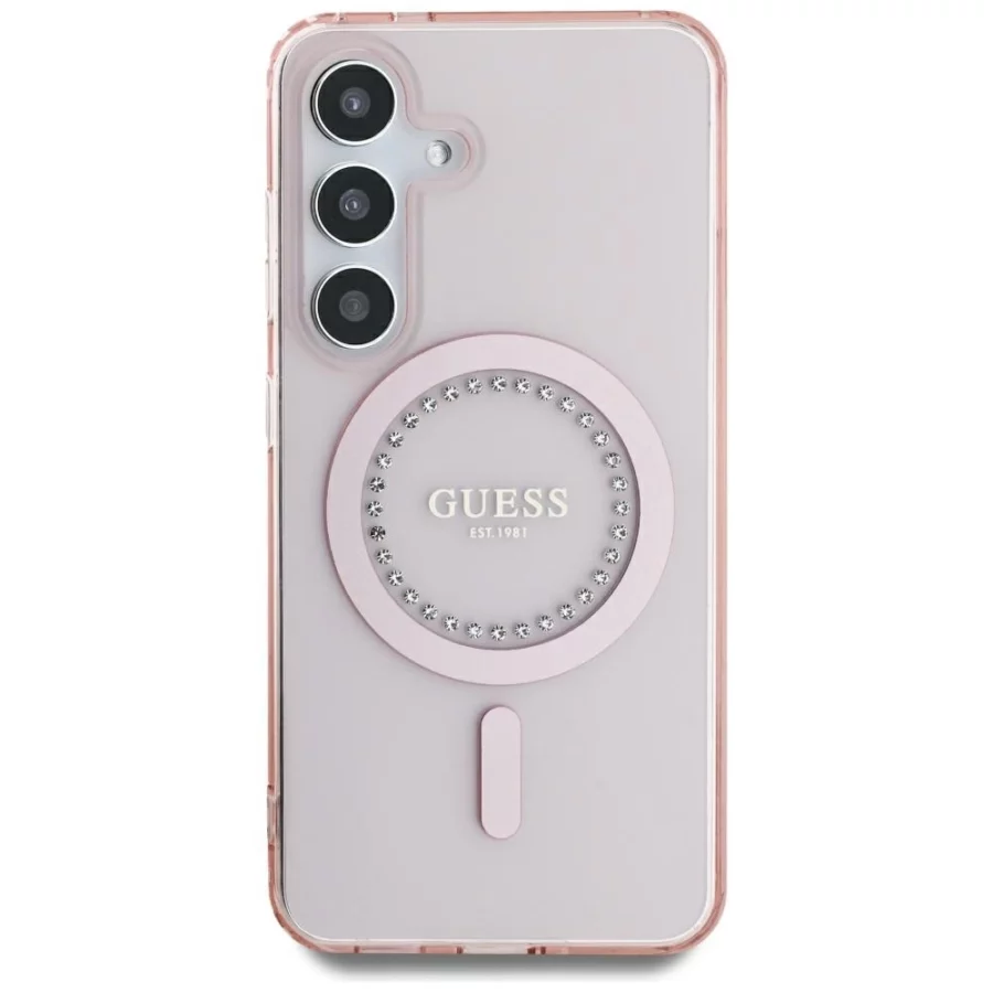 Etui Guess Rhinestones Printed Classic Logo MagSafe na Samsung Galaxy S25 - różowe