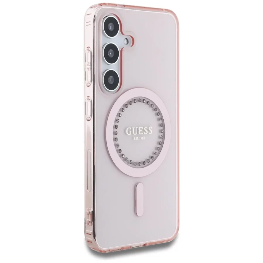 Etui Guess Rhinestones Printed Classic Logo MagSafe na Samsung Galaxy S25 - różowe