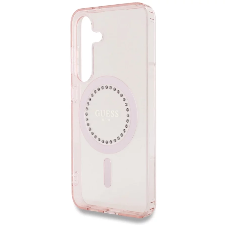 Etui Guess Rhinestones Printed Classic Logo MagSafe na Samsung Galaxy S25 - różowe