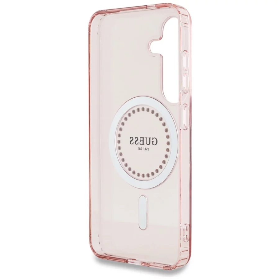Etui Guess Rhinestones Printed Classic Logo MagSafe na Samsung Galaxy S25 - różowe