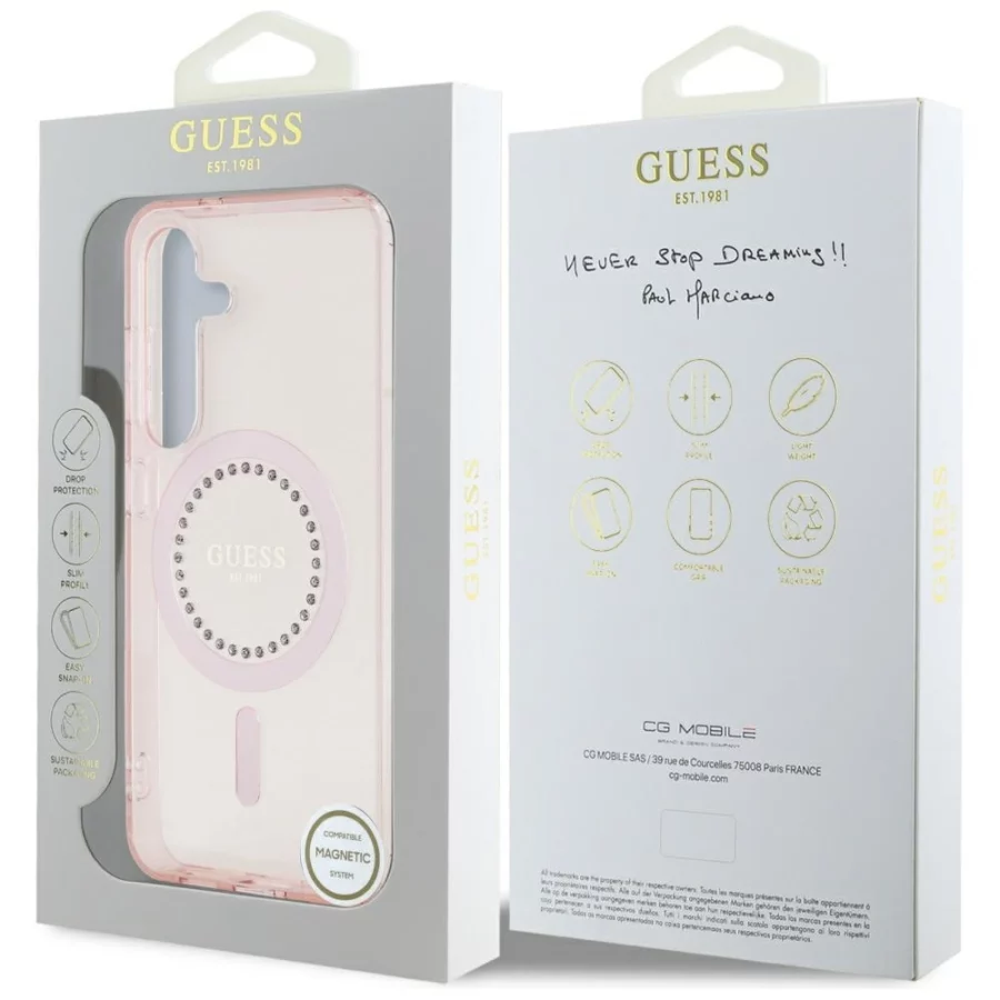Etui Guess Rhinestones Printed Classic Logo MagSafe na Samsung Galaxy S25 - różowe