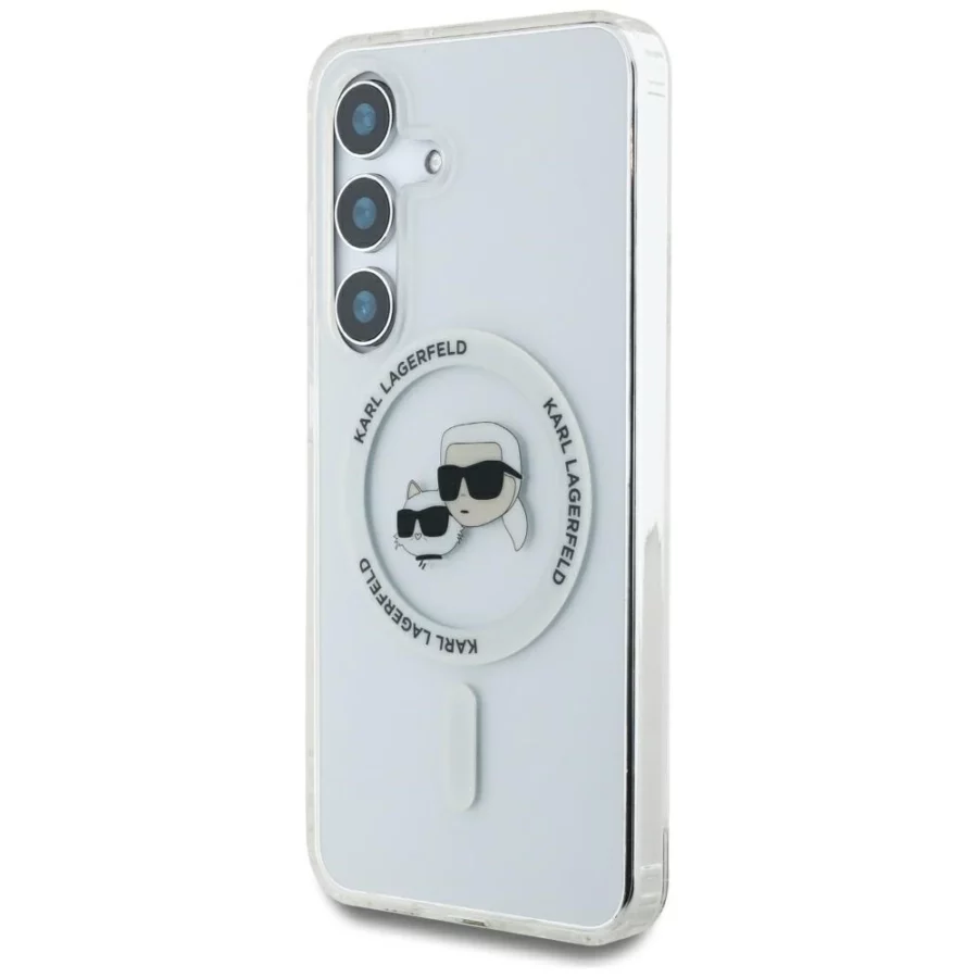 Etui Karl Lagerfeld Button Karl & Choupette Heads Printed Logo MagSafe Samsung Galaxy S25 biały