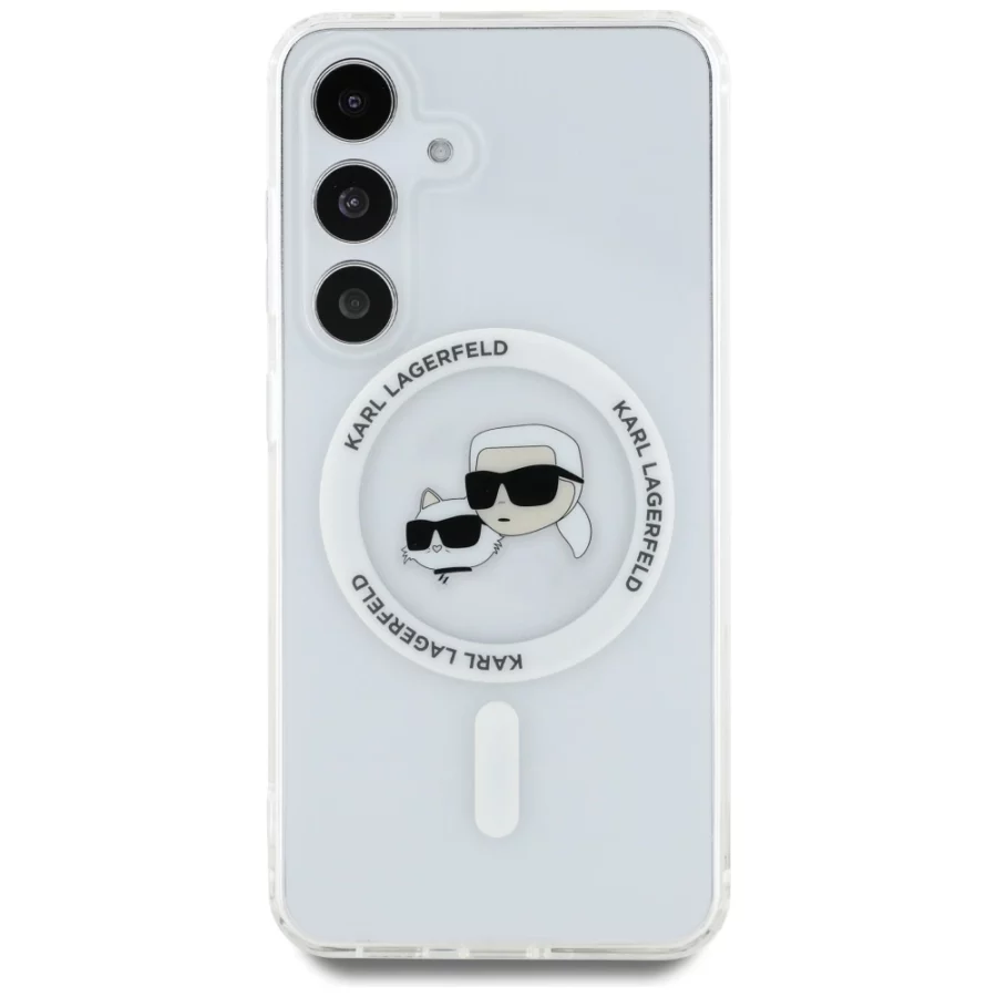 Etui Karl Lagerfeld Button Karl & Choupette Heads Printed Logo MagSafe Samsung Galaxy S25 biały