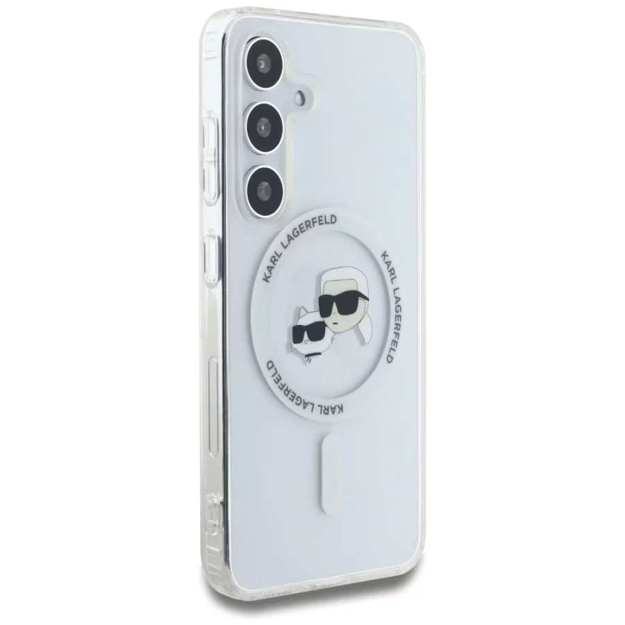 Etui Karl Lagerfeld Button Karl & Choupette Heads Printed Logo MagSafe Samsung Galaxy S25 biały