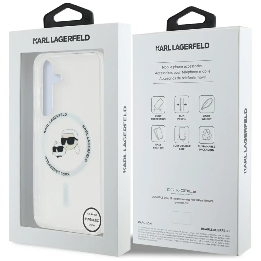 Etui Karl Lagerfeld Button Karl & Choupette Heads Printed Logo MagSafe Samsung Galaxy S25 biały