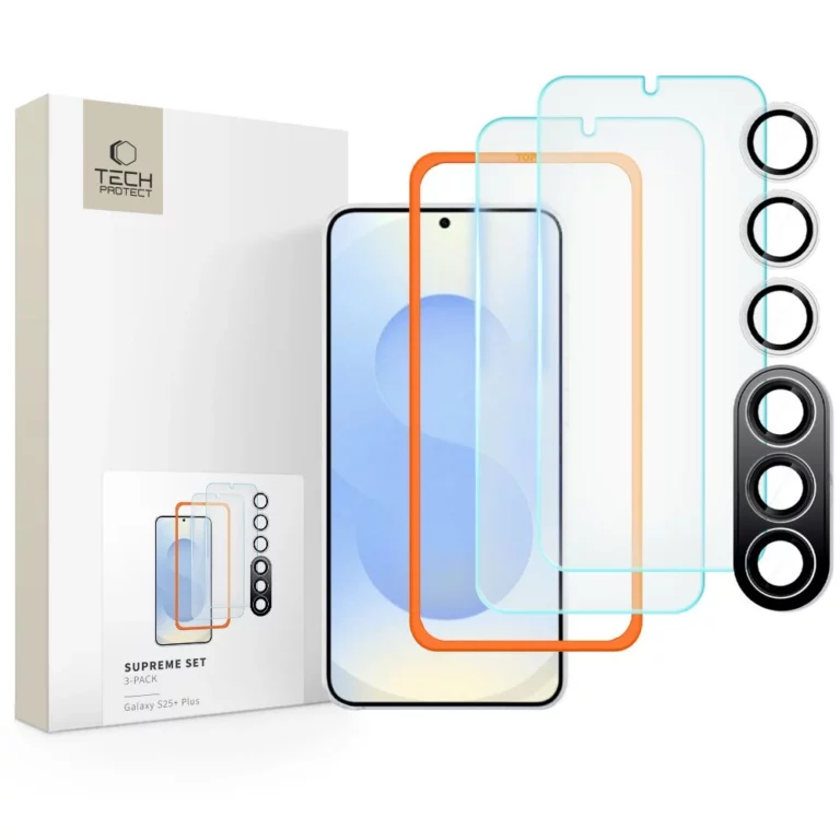 Zestaw Tech-Protect Supreme Set na Samsung Galaxy S25+ 2x szkło hartowane na wyświetlacz / szkło hartowane na aparat - przezroczyste