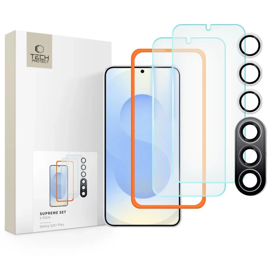 Zestaw Tech-Protect Supreme Set na Samsung Galaxy S25+ 2x szkło hartowane na wyświetlacz / szkło hartowane na aparat - przezroczyste
