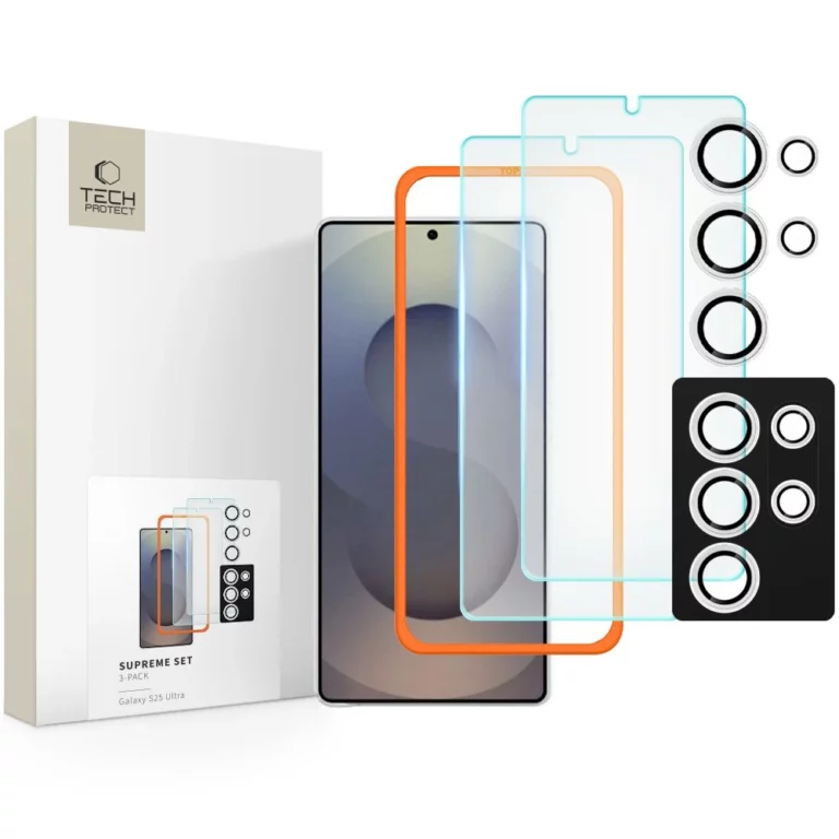 Zestaw Tech-Protect Supreme Set na Samsung Galaxy S25 Ultra 2x szkło hartowane na wyświetlacz / szkło hartowane na aparat - przezroczyste