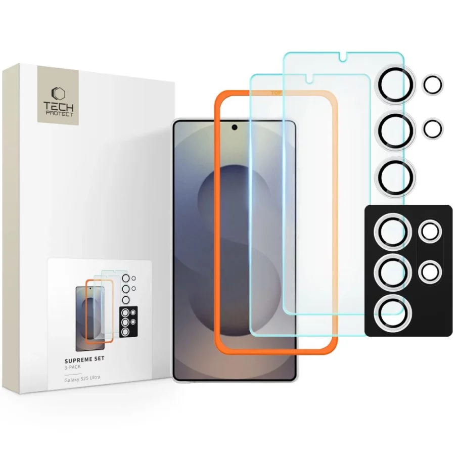 Zestaw Tech-Protect Supreme Set na Samsung Galaxy S25 Ultra 2x szkło hartowane na wyświetlacz / szkło hartowane na aparat - przezroczyste
