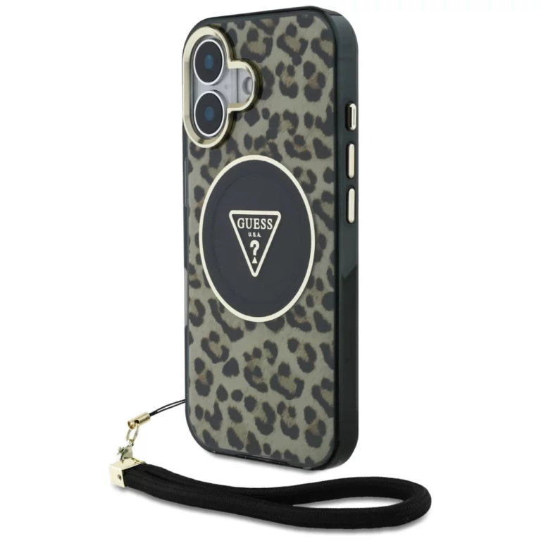 Etui Guess HC IML Leopard Triangle Cord Strap MagSafe do iPhone 16  - brązowe