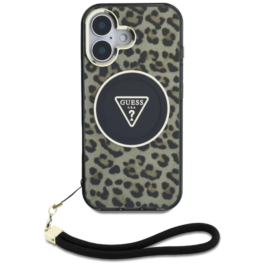 Etui Guess HC IML Leopard Triangle Cord Strap MagSafe do iPhone 16  - brązowe