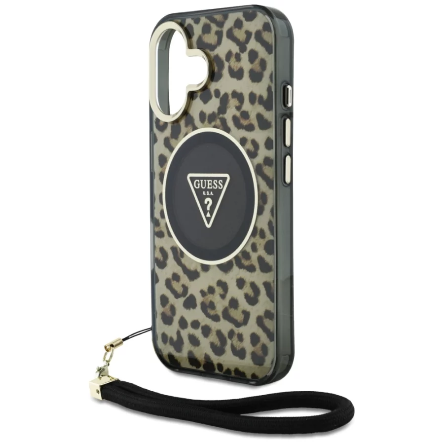Etui Guess HC IML Leopard Triangle Cord Strap MagSafe do iPhone 16  - brązowe