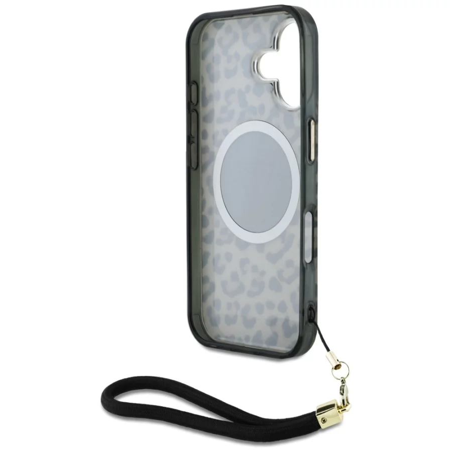 Etui Guess HC IML Leopard Triangle Cord Strap MagSafe do iPhone 16  - brązowe