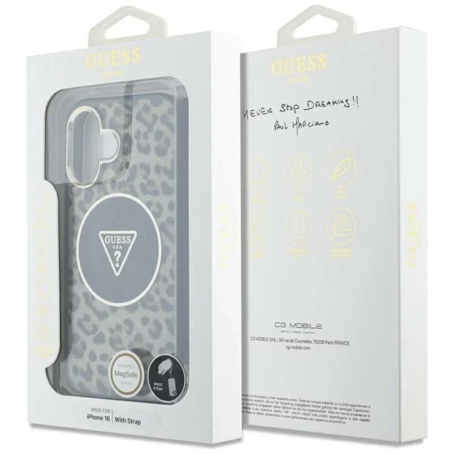 Etui Guess HC IML Leopard Triangle Cord Strap MagSafe do iPhone 16  - brązowe
