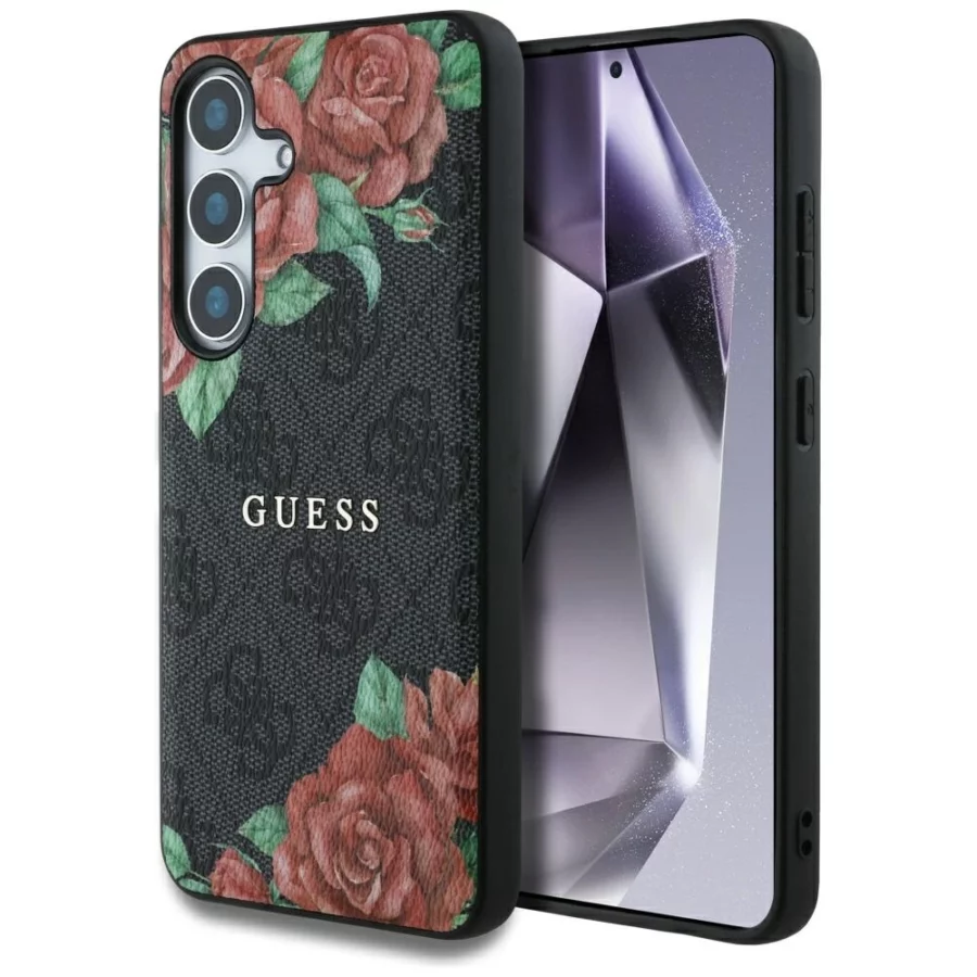 Etui Guess Leather 4G Flowers Print Metal Classic Logo MagSafe na Samsung Galaxy S25 - czarne