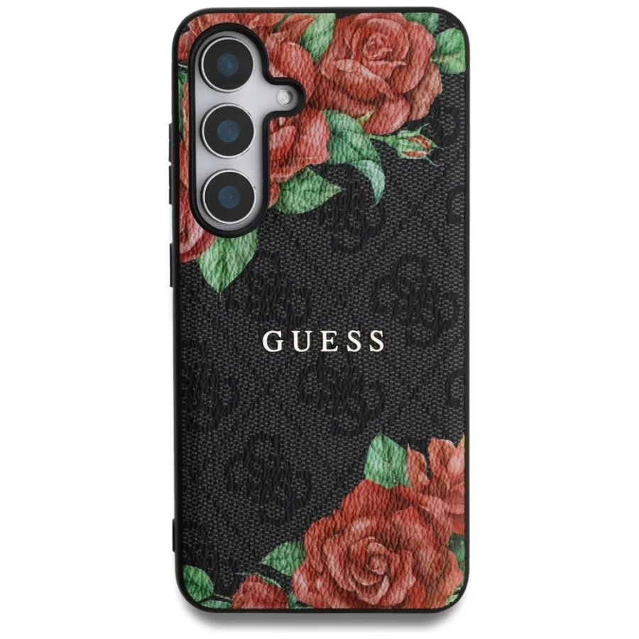 Etui Guess Leather 4G Flowers Print Metal Classic Logo MagSafe na Samsung Galaxy S25 - czarne