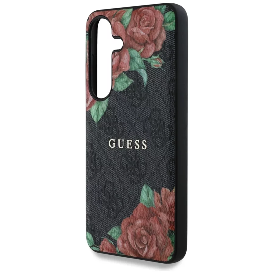Etui Guess Leather 4G Flowers Print Metal Classic Logo MagSafe na Samsung Galaxy S25 - czarne