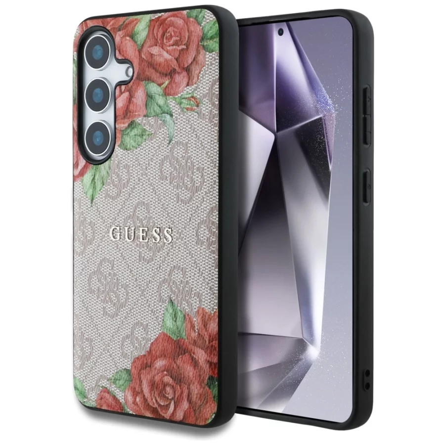 Etui Guess Leather 4G Flowers Print Metal Classic Logo MagSafe na Samsung Galaxy S25 - różowe