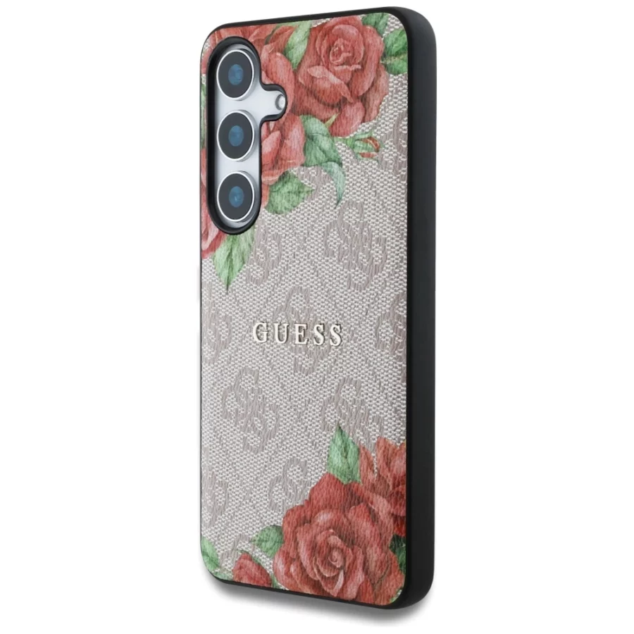 Etui Guess Leather 4G Flowers Print Metal Classic Logo MagSafe na Samsung Galaxy S25 - różowe