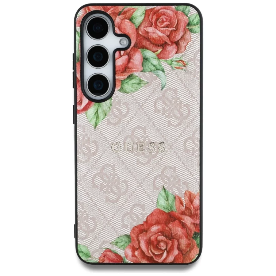 Etui Guess Leather 4G Flowers Print Metal Classic Logo MagSafe na Samsung Galaxy S25 - różowe